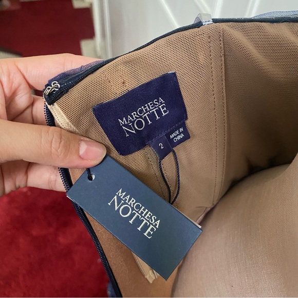 Marchesa Notte Navy Sequin Gown with Cape - Picture 12 of 16